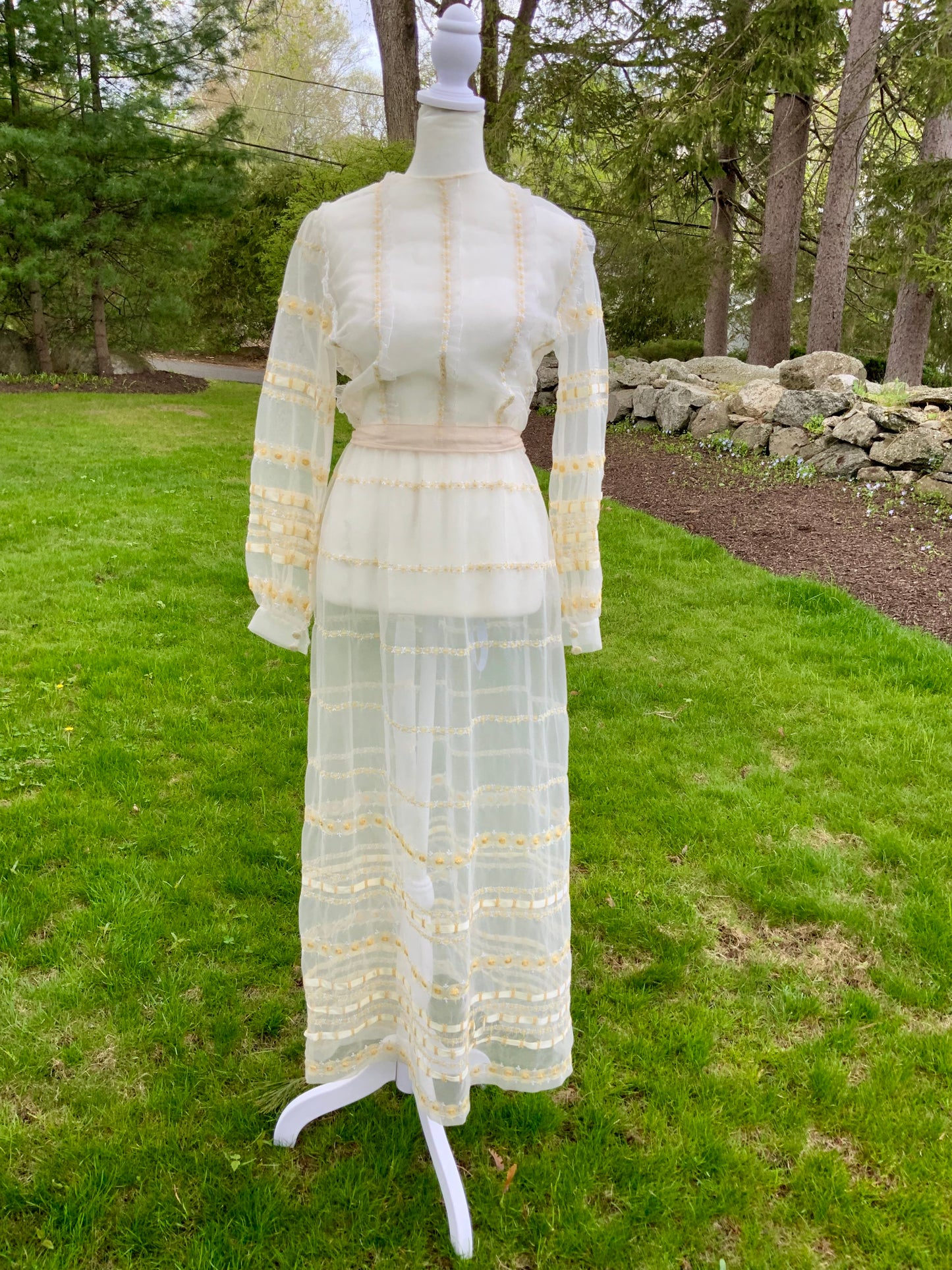 1970s Sheer Romantic Bridal Dress | Edwardian Revival Ivory Chiffon with Ribbon & Rosette Embroidery | Argentine- 70BA