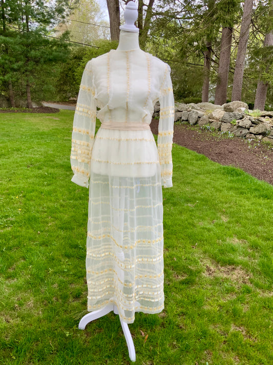 1970s Sheer Romantic Bridal Dress | Edwardian Revival Ivory Chiffon with Ribbon & Rosette Embroidery | Argentine- 70BA