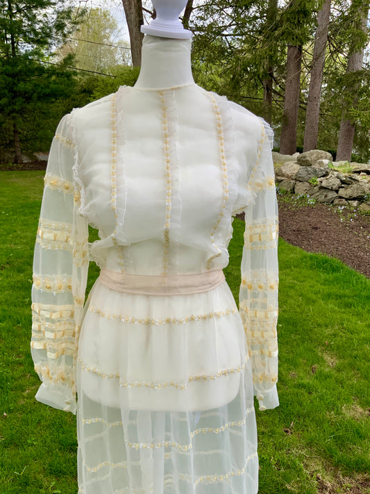 1970s Sheer Romantic Bridal Dress | Edwardian Revival Ivory Chiffon with Ribbon & Rosette Embroidery | Argentine- 70BA