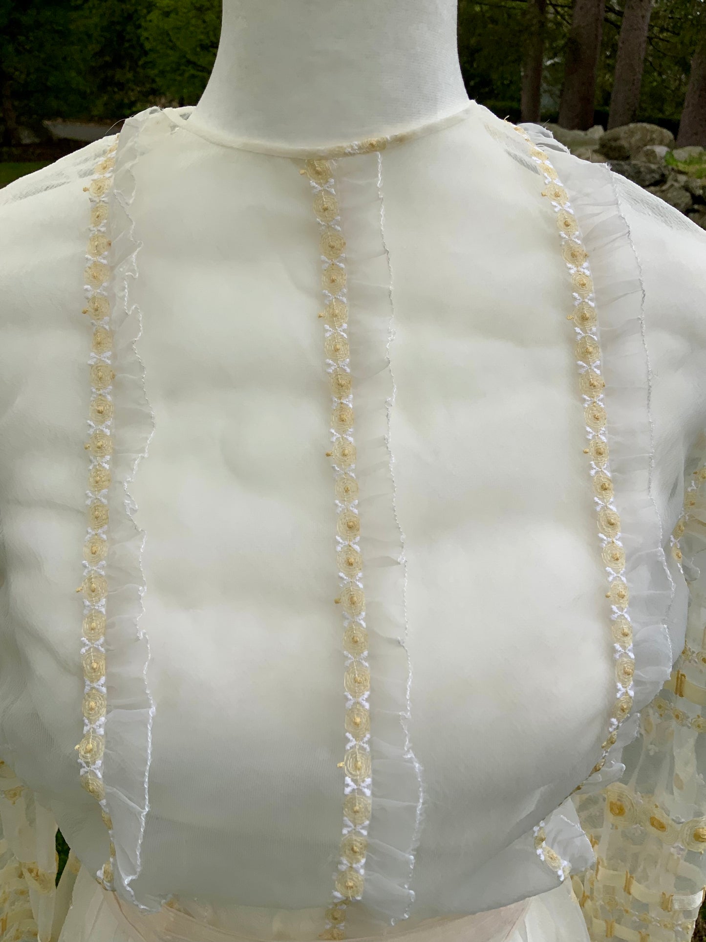 1970s Sheer Romantic Bridal Dress | Edwardian Revival Ivory Chiffon with Ribbon & Rosette Embroidery | Argentine- 70BA