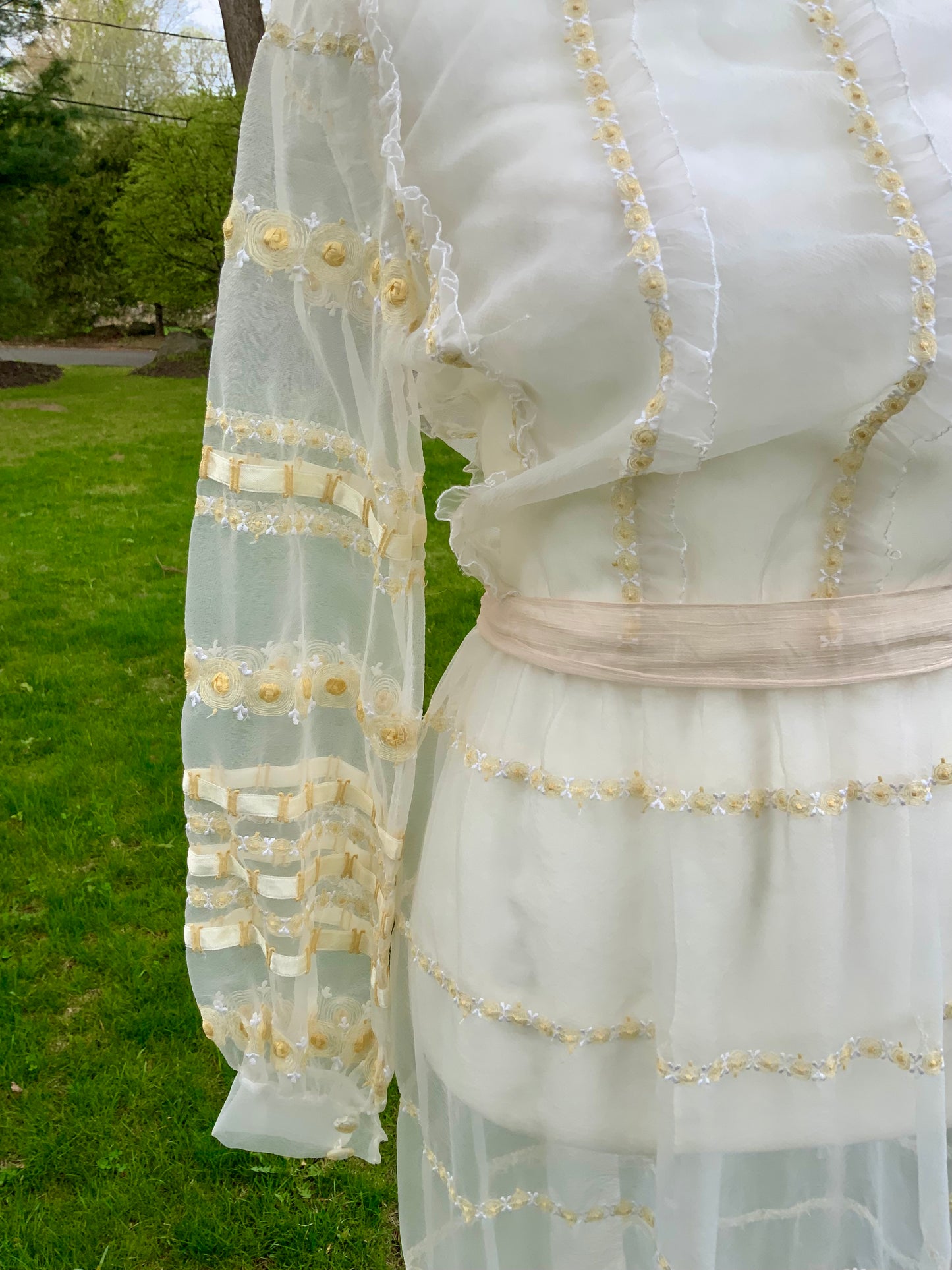 1970s Sheer Romantic Bridal Dress | Edwardian Revival Ivory Chiffon with Ribbon & Rosette Embroidery | Argentine- 70BA