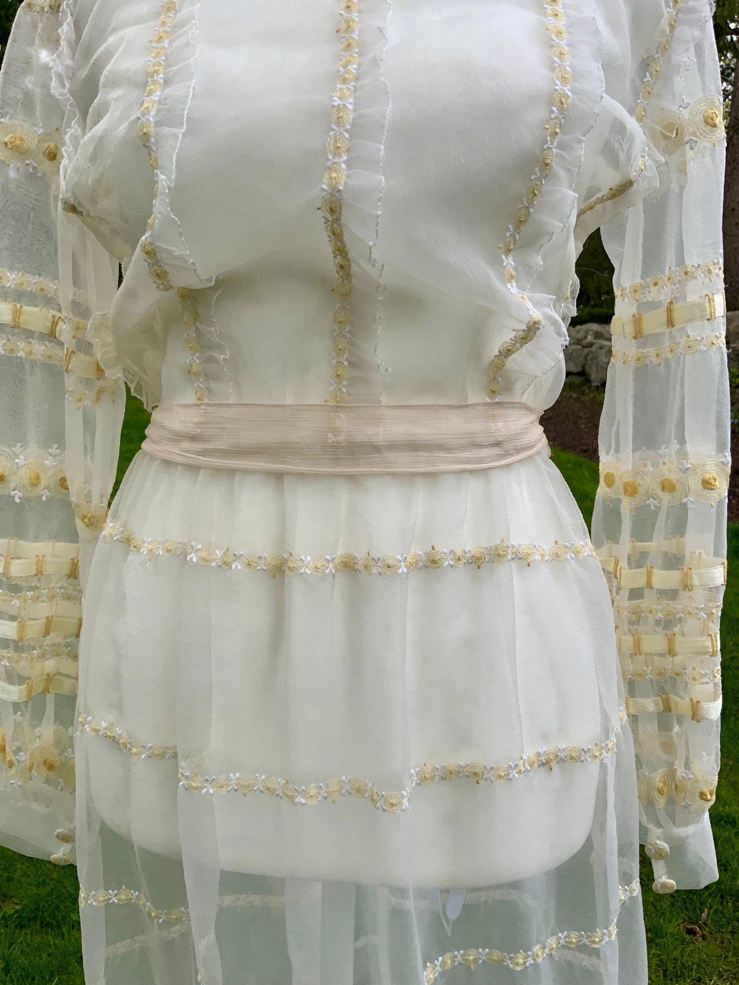1970s Sheer Romantic Bridal Dress | Edwardian Revival Ivory Chiffon with Ribbon & Rosette Embroidery | Argentine- 70BA