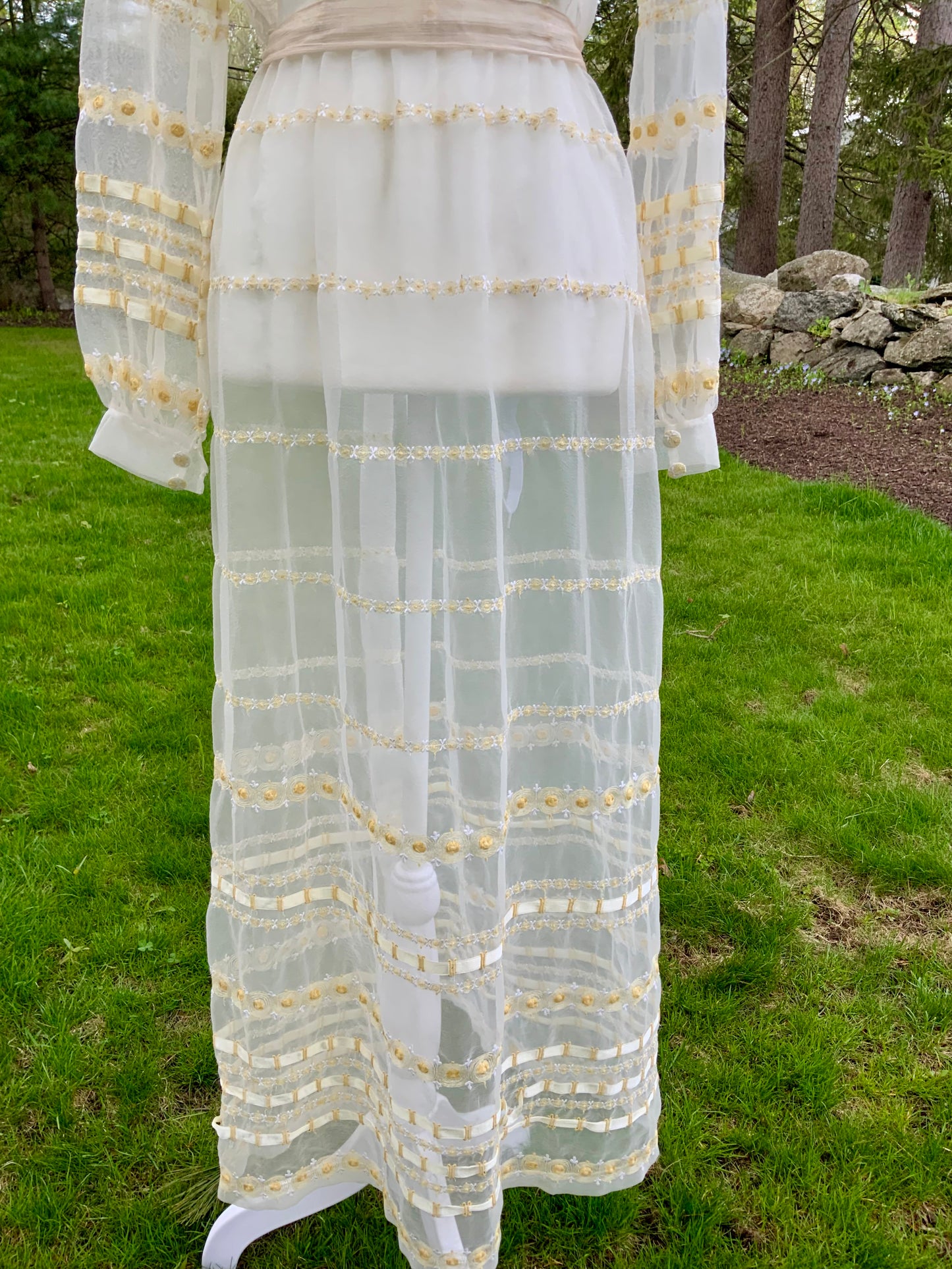 1970s Sheer Romantic Bridal Dress | Edwardian Revival Ivory Chiffon with Ribbon & Rosette Embroidery | Argentine- 70BA