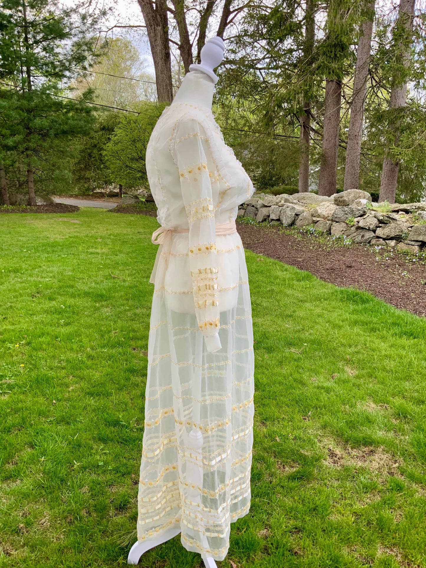 1970s Sheer Romantic Bridal Dress | Edwardian Revival Ivory Chiffon with Ribbon & Rosette Embroidery | Argentine- 70BA