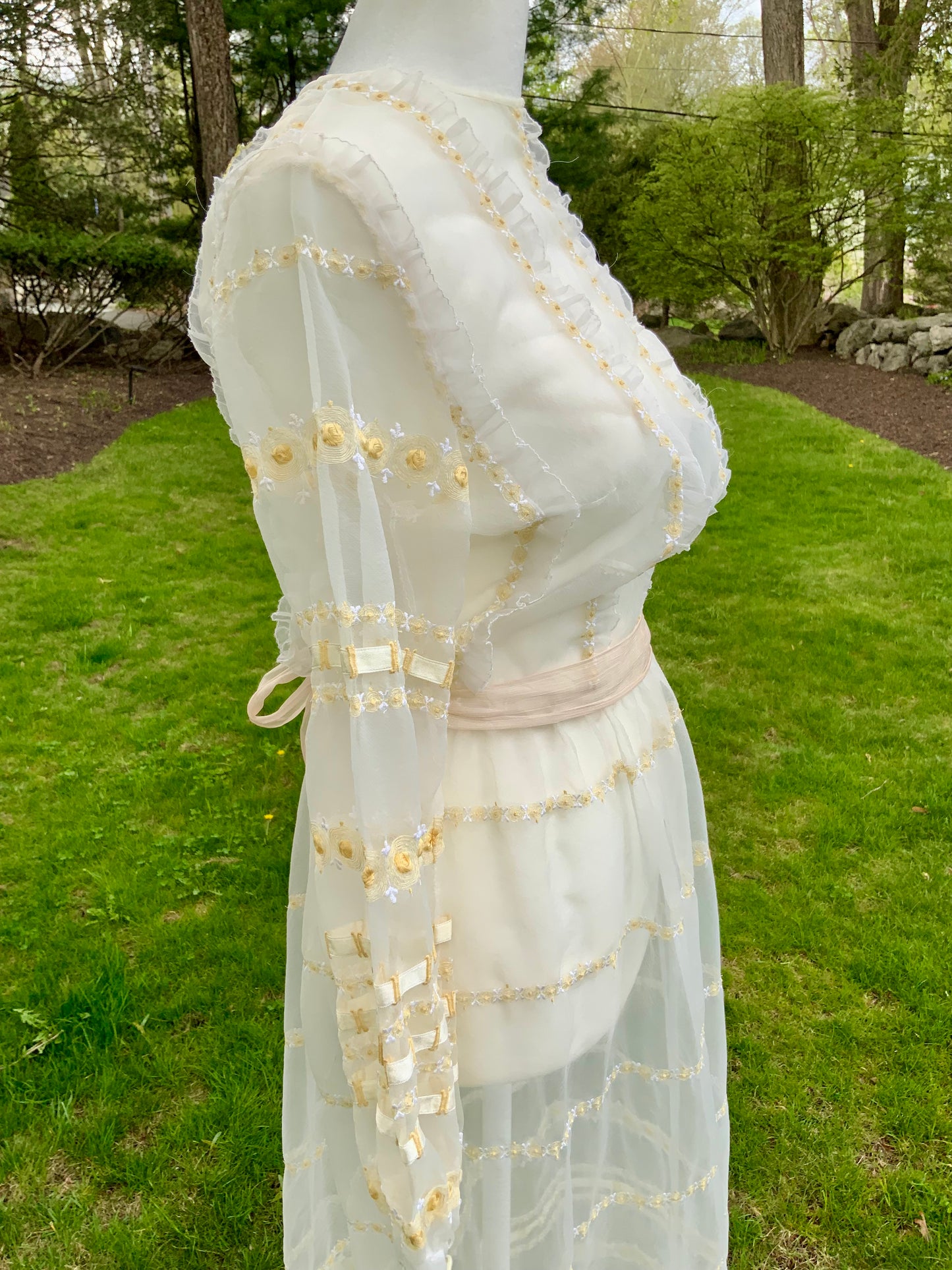 1970s Sheer Romantic Bridal Dress | Edwardian Revival Ivory Chiffon with Ribbon & Rosette Embroidery | Argentine- 70BA