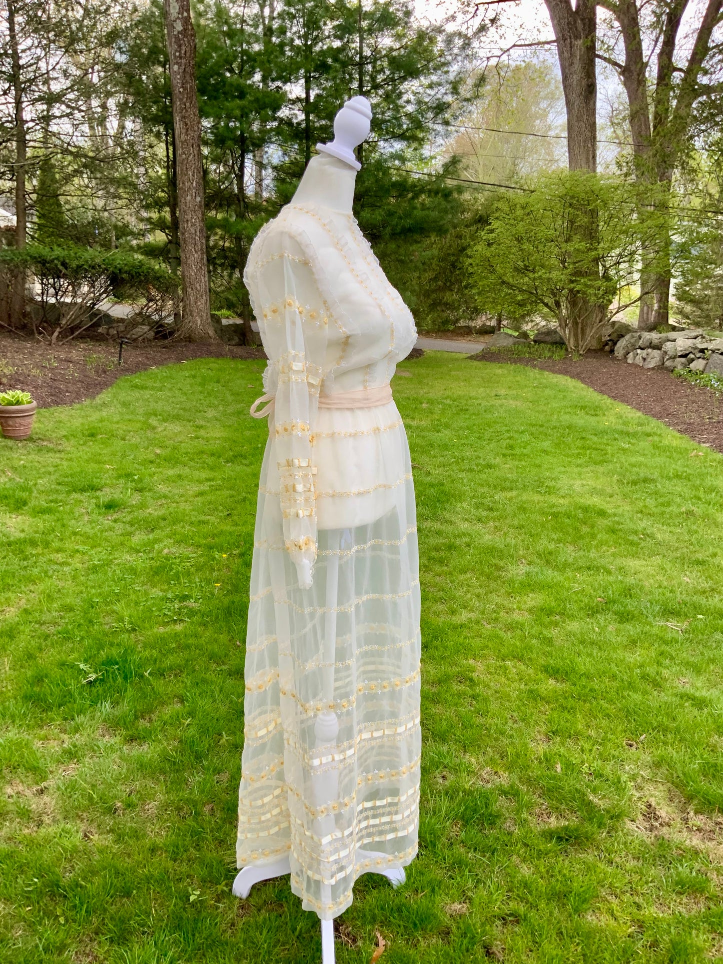 1970s Sheer Romantic Bridal Dress | Edwardian Revival Ivory Chiffon with Ribbon & Rosette Embroidery | Argentine- 70BA
