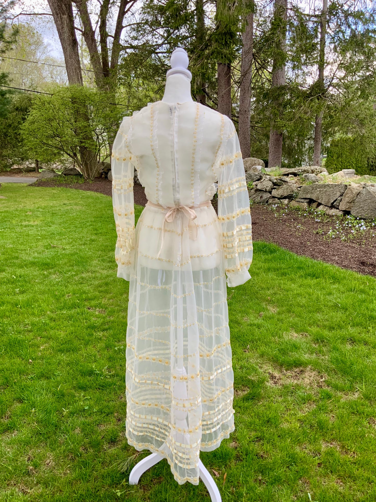 1970s Sheer Romantic Bridal Dress | Edwardian Revival Ivory Chiffon with Ribbon & Rosette Embroidery | Argentine- 70BA