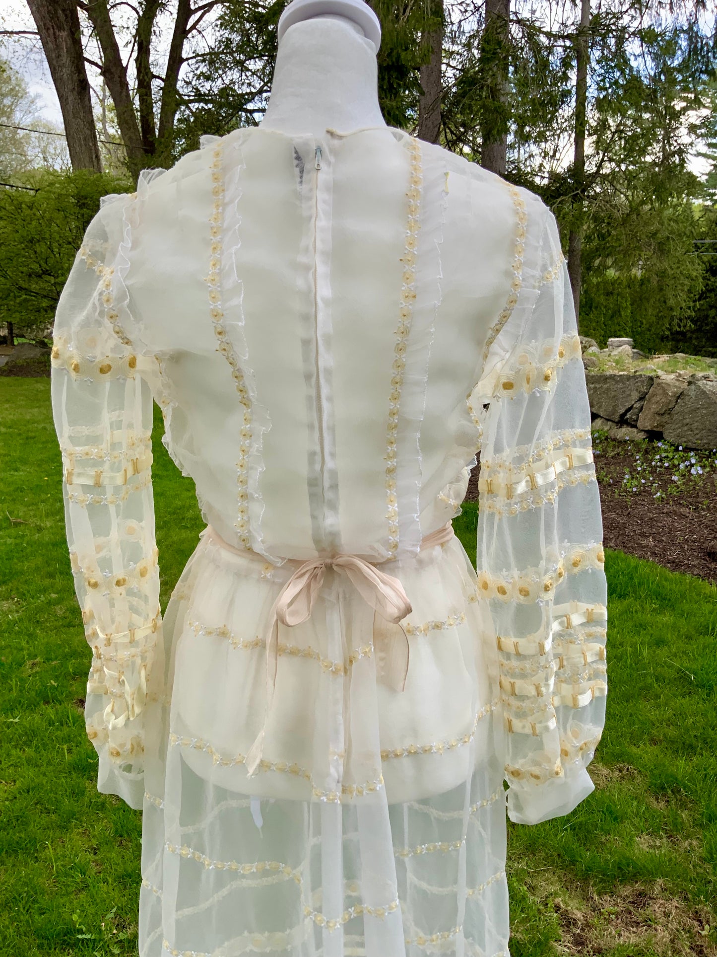 1970s Sheer Romantic Bridal Dress | Edwardian Revival Ivory Chiffon with Ribbon & Rosette Embroidery | Argentine- 70BA