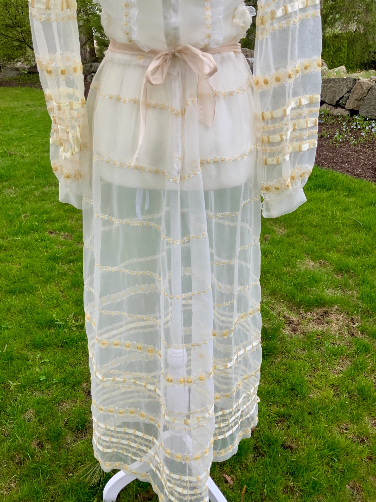 1970s Sheer Romantic Bridal Dress | Edwardian Revival Ivory Chiffon with Ribbon & Rosette Embroidery | Argentine- 70BA