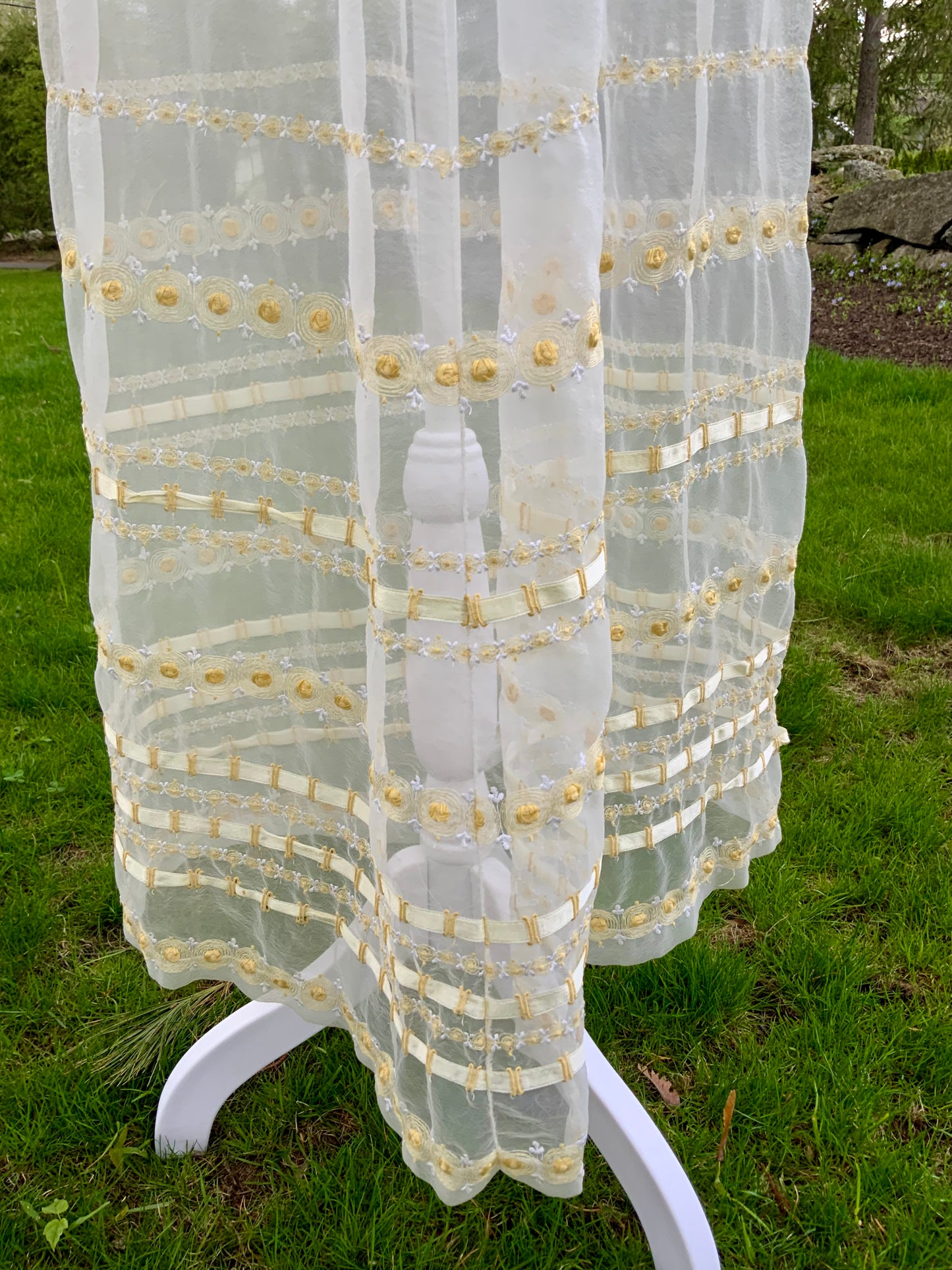 1970s Sheer Romantic Bridal Dress | Edwardian Revival Ivory Chiffon with Ribbon & Rosette Embroidery | Argentine- 70BA