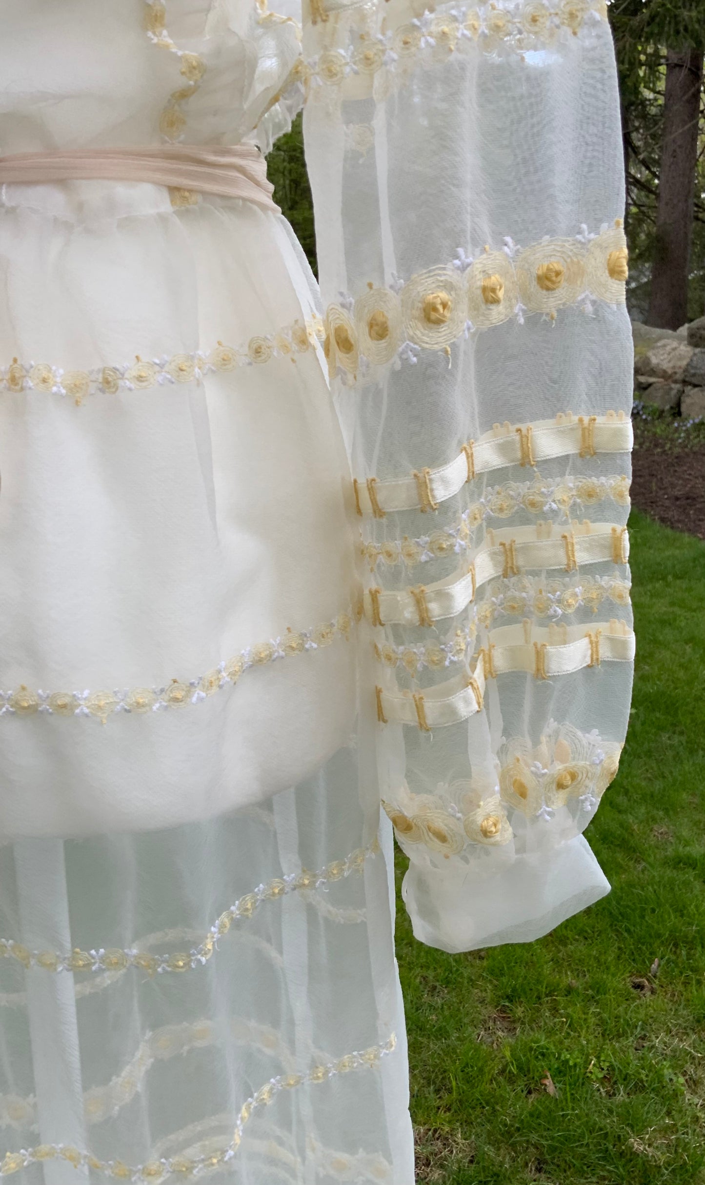 1970s Sheer Romantic Bridal Dress | Edwardian Revival Ivory Chiffon with Ribbon & Rosette Embroidery | Argentine- 70BA