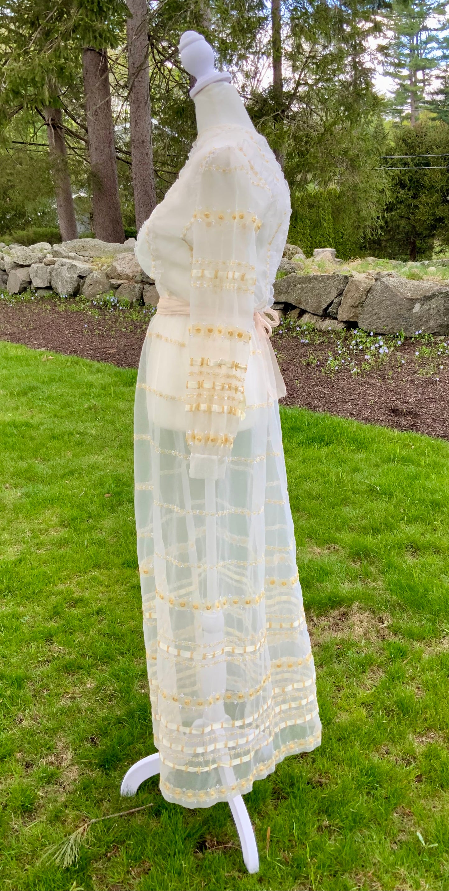 1970s Sheer Romantic Bridal Dress | Edwardian Revival Ivory Chiffon with Ribbon & Rosette Embroidery | Argentine- 70BA