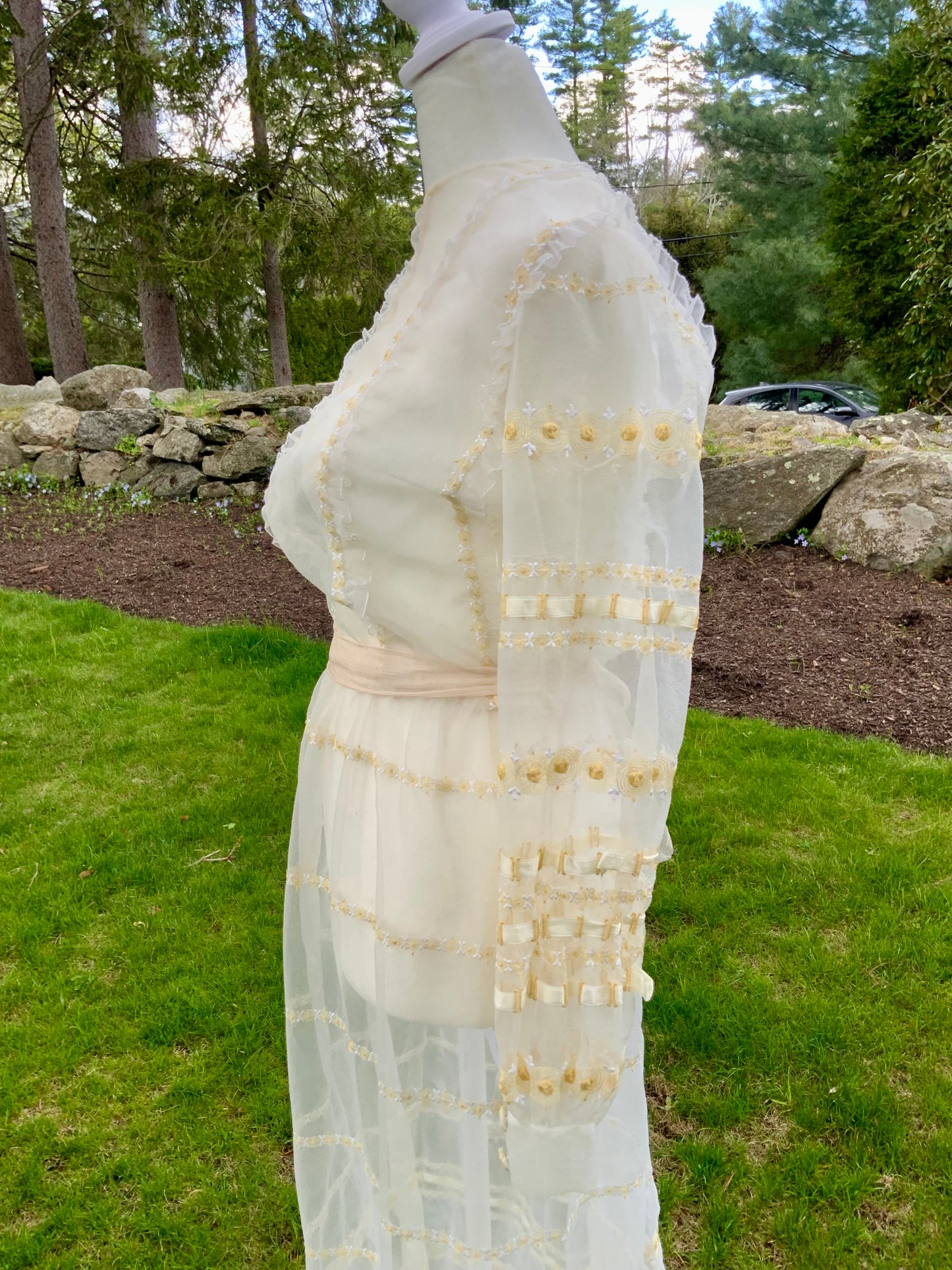 1970s Sheer Romantic Bridal Dress | Edwardian Revival Ivory Chiffon with Ribbon & Rosette Embroidery | Argentine- 70BA