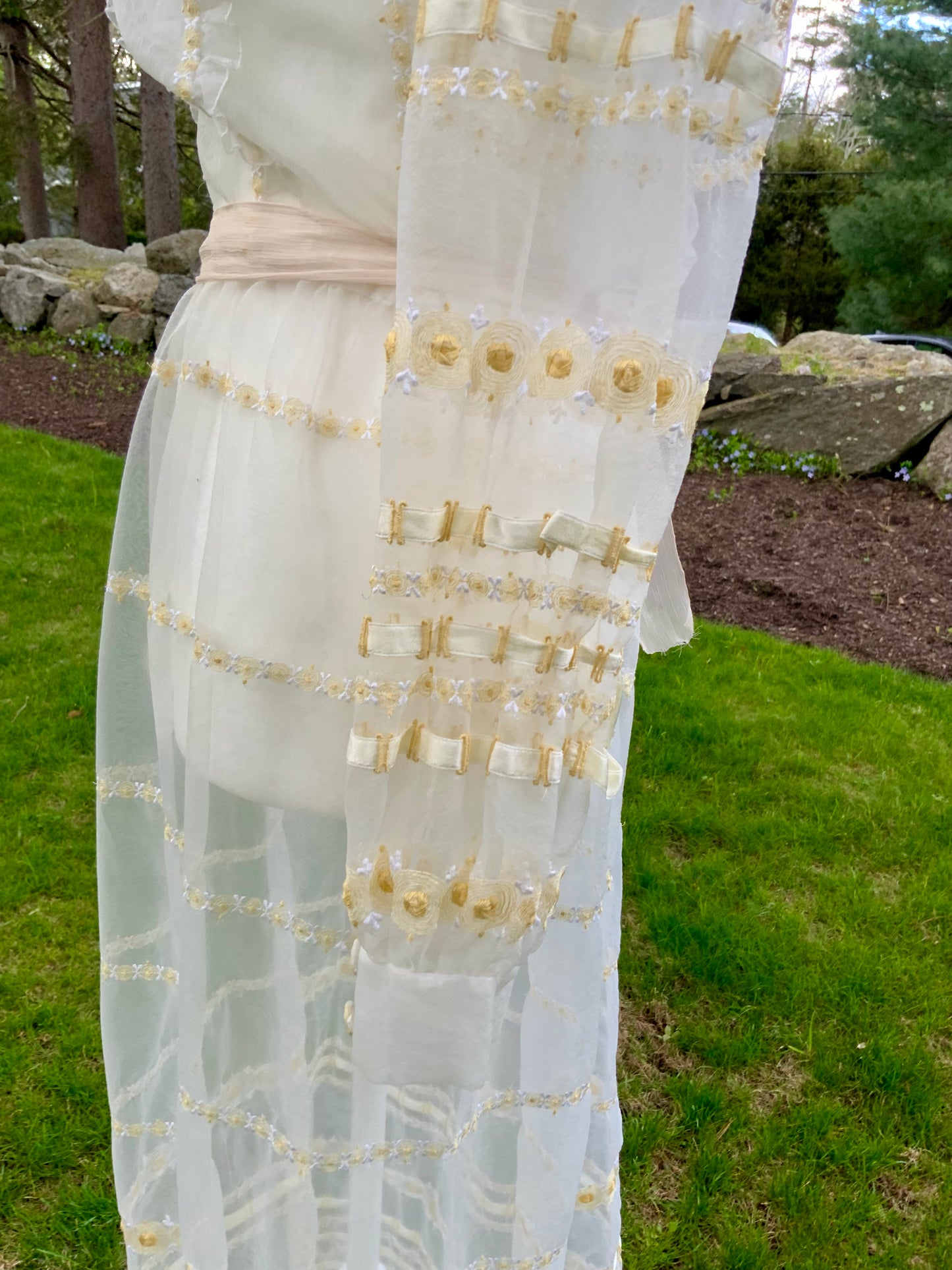 1970s Sheer Romantic Bridal Dress | Edwardian Revival Ivory Chiffon with Ribbon & Rosette Embroidery | Argentine- 70BA