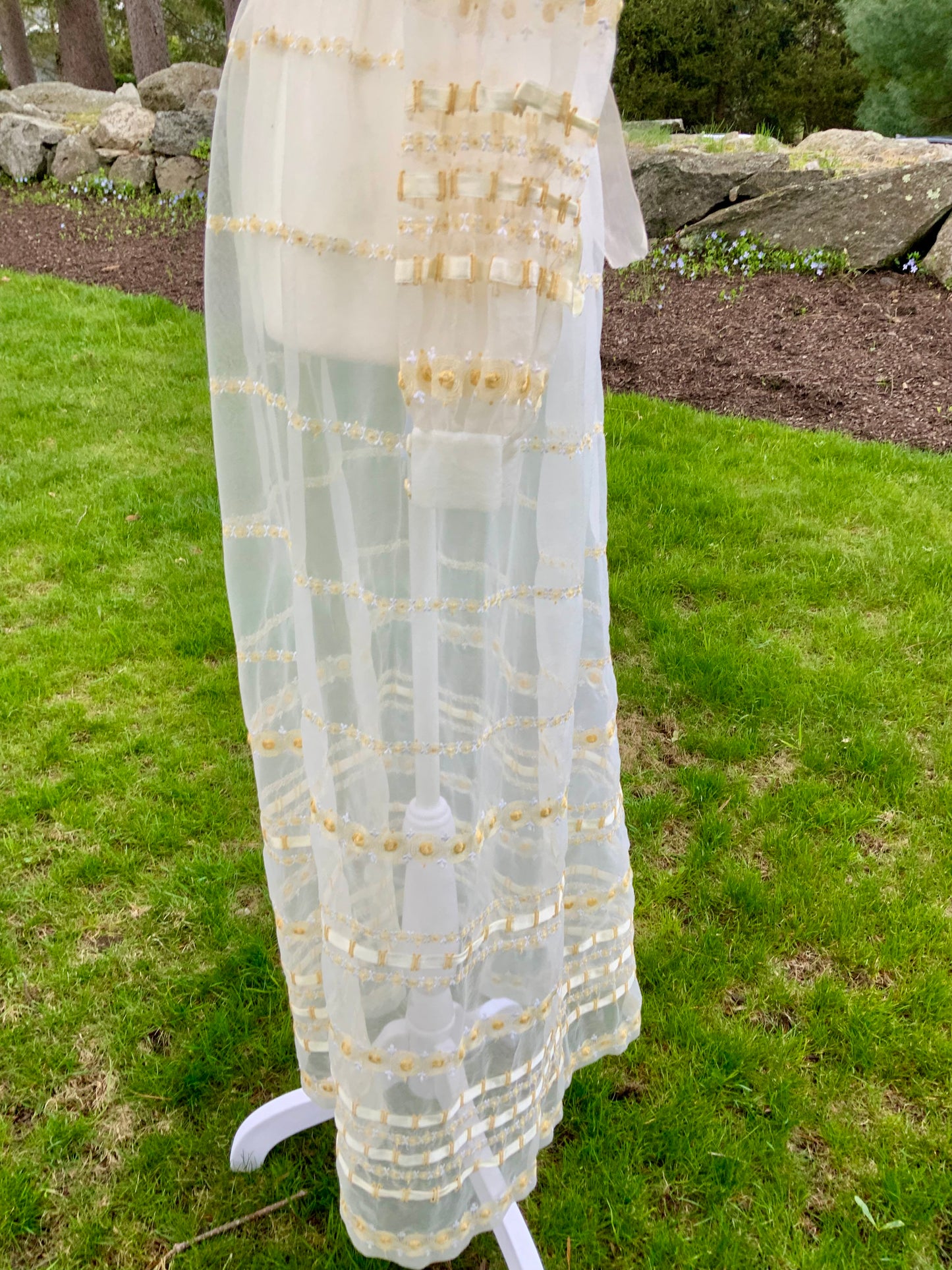 1970s Sheer Romantic Bridal Dress | Edwardian Revival Ivory Chiffon with Ribbon & Rosette Embroidery | Argentine- 70BA