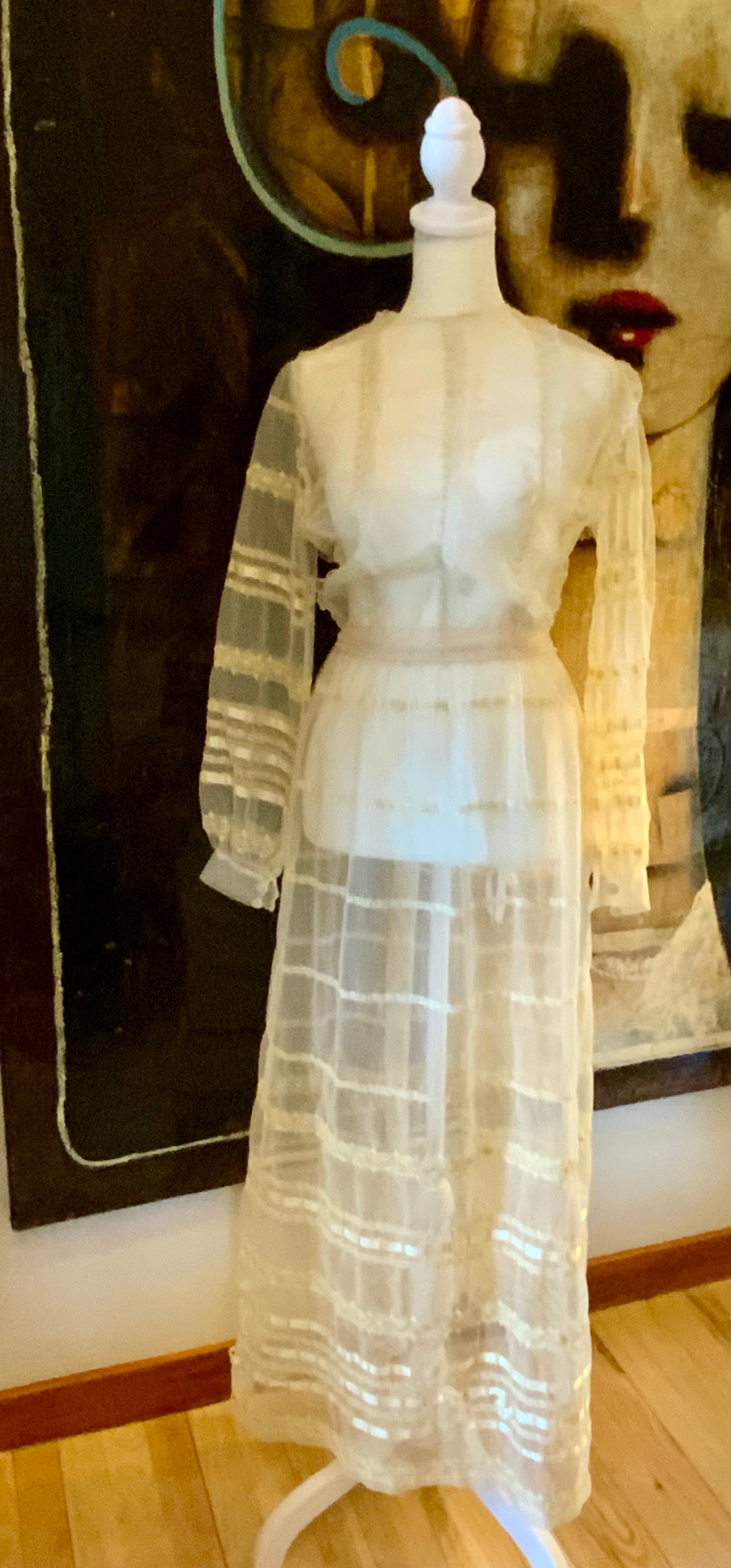 1970s Sheer Romantic Bridal Dress | Edwardian Revival Ivory Chiffon with Ribbon & Rosette Embroidery | Argentine- 70BA