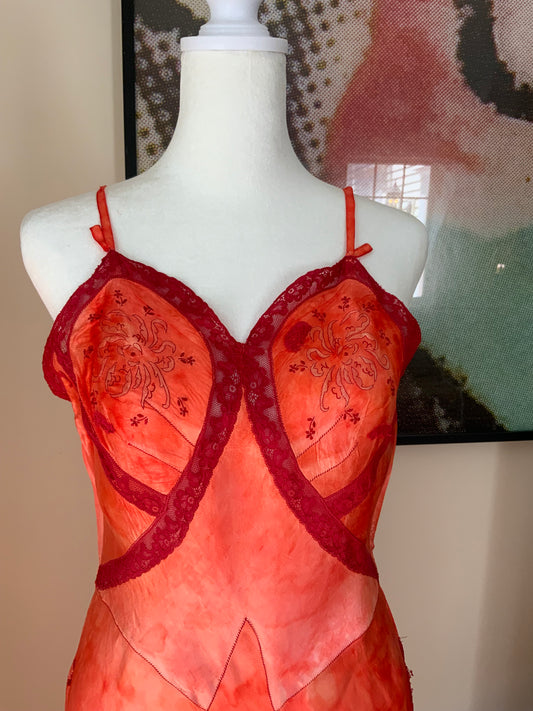 Hand Dyed Coral Satin Slip Dress - 40s - 40AY