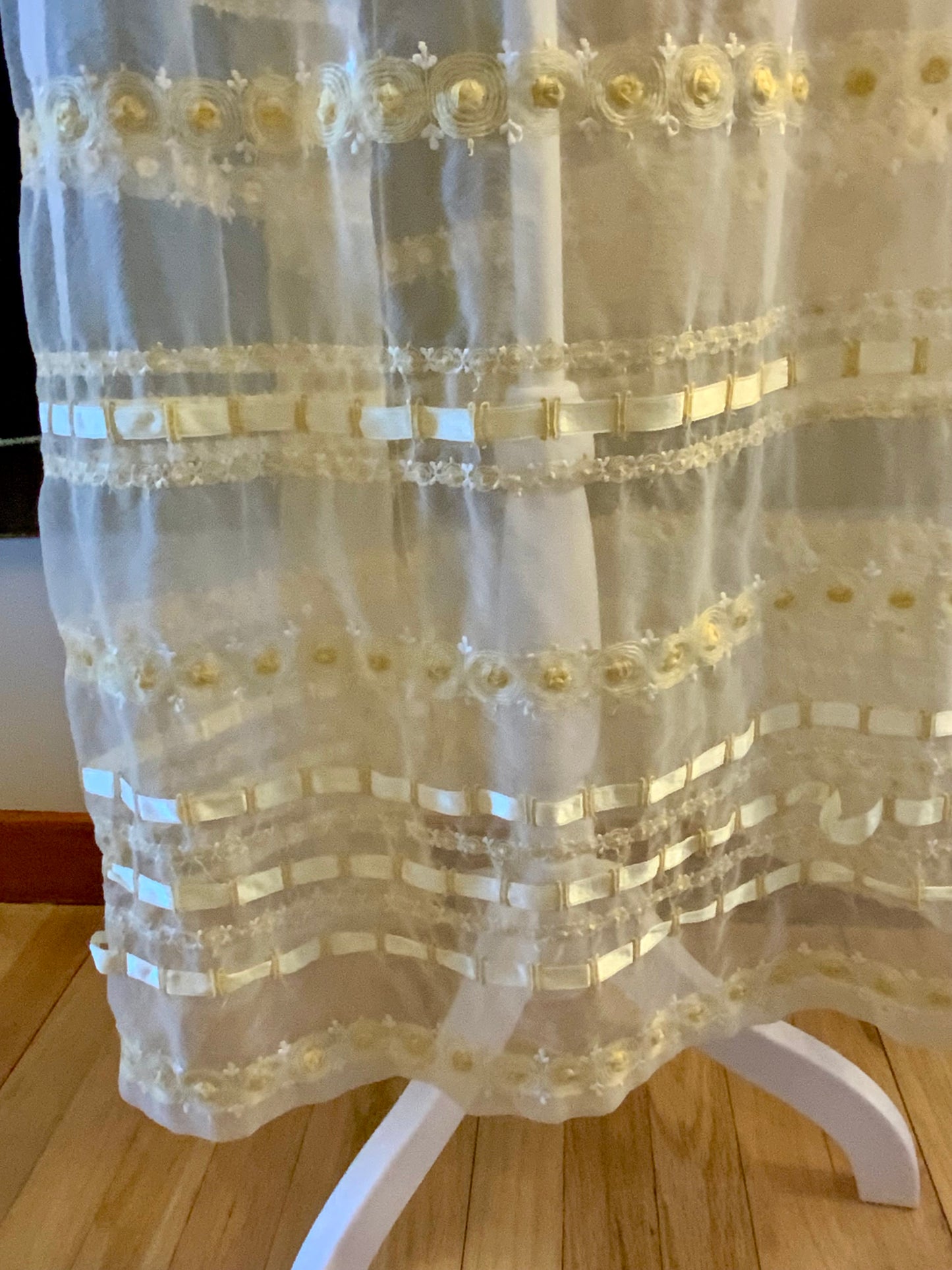 1970s Sheer Romantic Bridal Dress | Edwardian Revival Ivory Chiffon with Ribbon & Rosette Embroidery | Argentine- 70BA