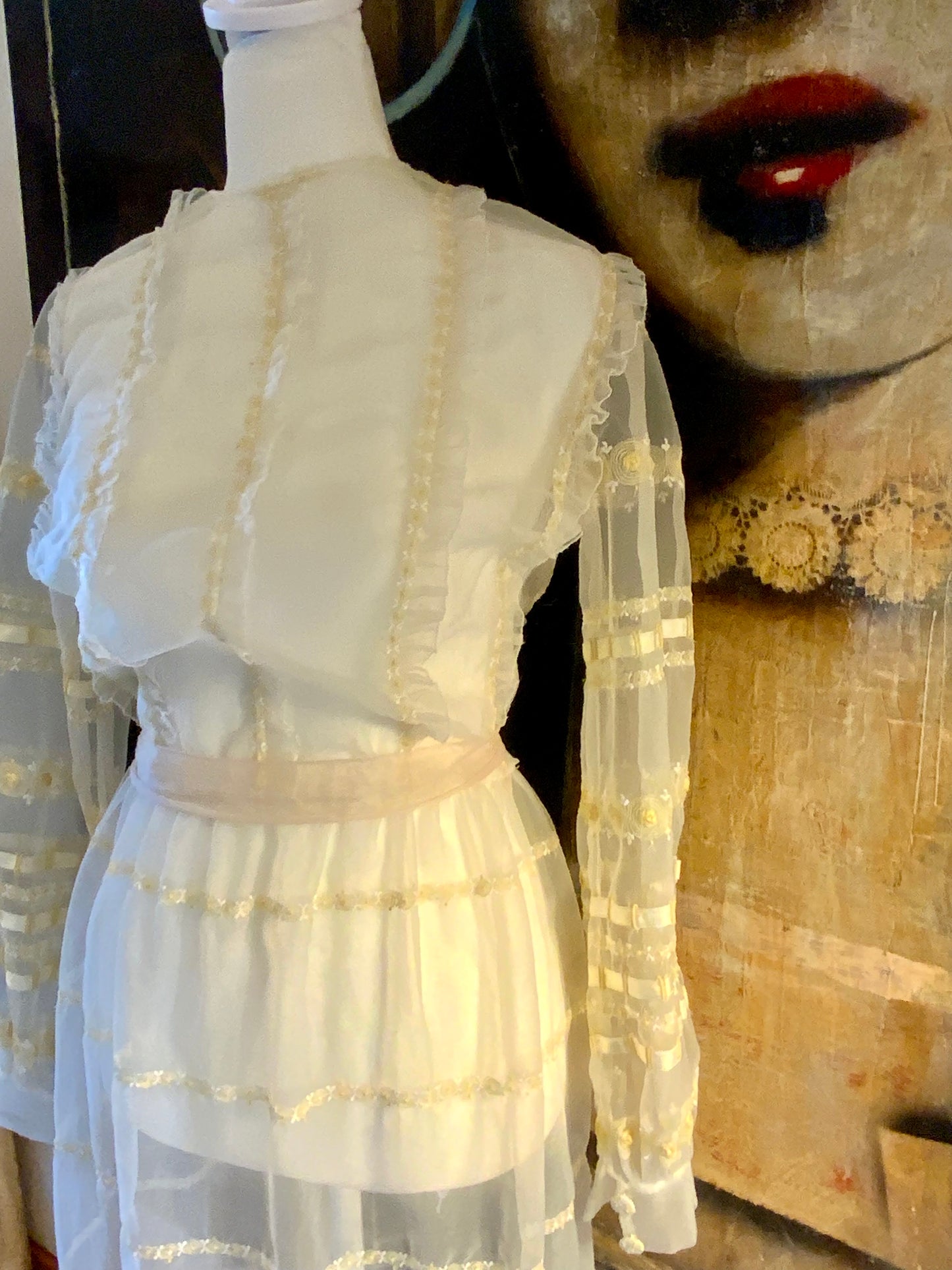1970s Sheer Romantic Bridal Dress | Edwardian Revival Ivory Chiffon with Ribbon & Rosette Embroidery | Argentine- 70BA