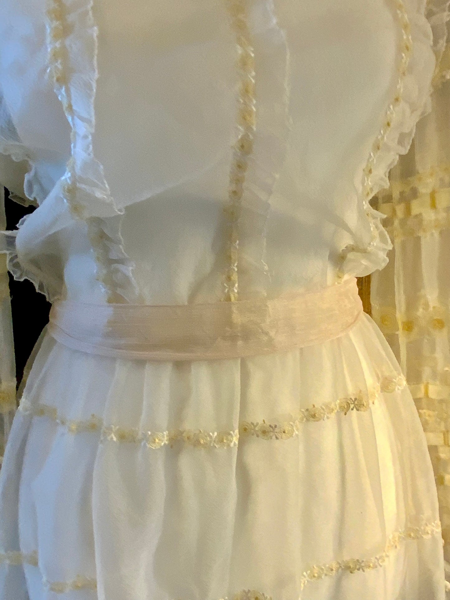 1970s Sheer Romantic Bridal Dress | Edwardian Revival Ivory Chiffon with Ribbon & Rosette Embroidery | Argentine- 70BA