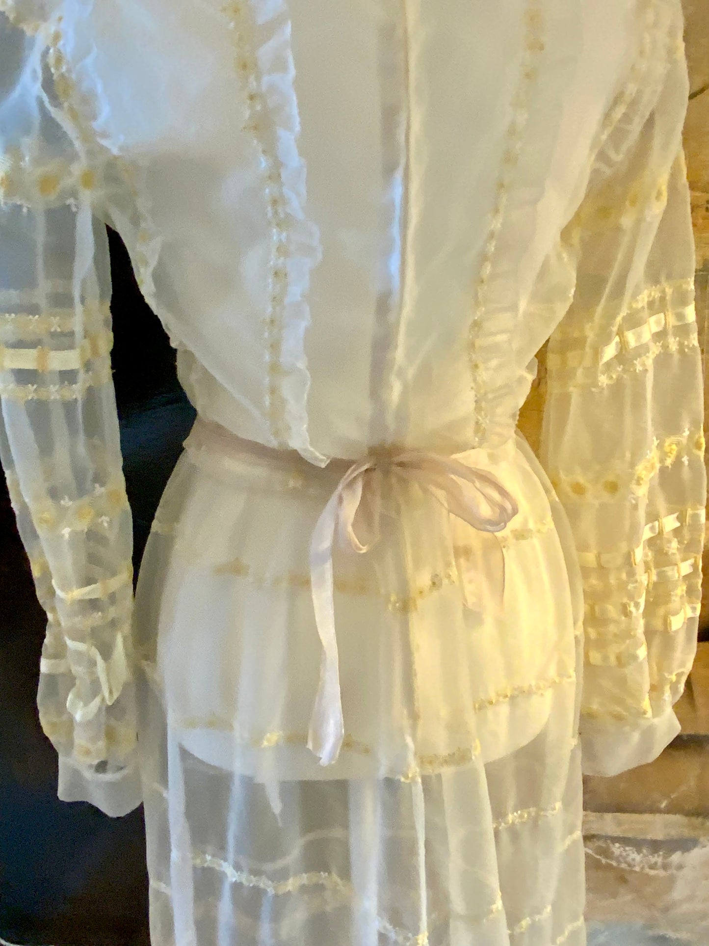 1970s Sheer Romantic Bridal Dress | Edwardian Revival Ivory Chiffon with Ribbon & Rosette Embroidery | Argentine- 70BA