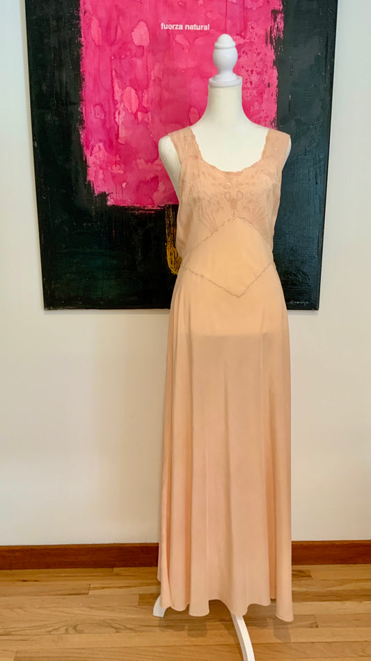 Peach Silk Nightgown | Hand Embroidered Bias Cut Slip Dress - 30s - 30AK