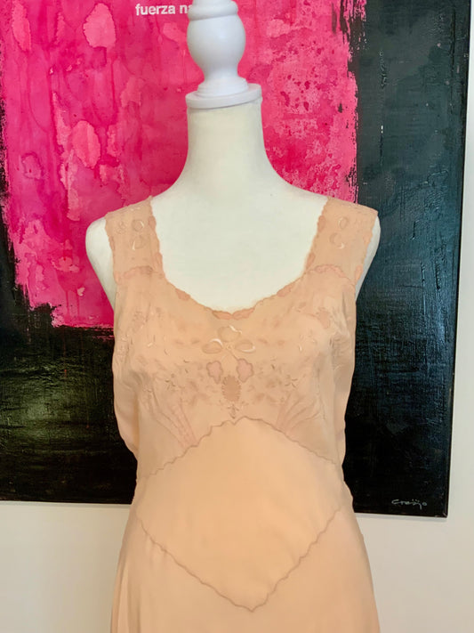 Peach Silk Nightgown | Hand Embroidered Bias Cut Slip Dress - 30s - 30AK
