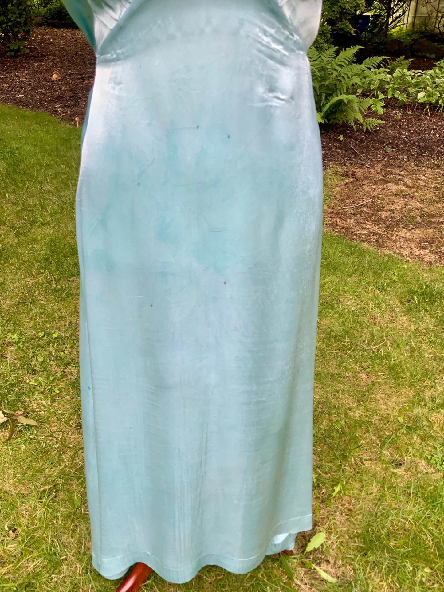 1930s Hand-Dyed Aqua Satin Nightgown. Embroidered Bow Lace Gown with Original Tie Belt
.30CU