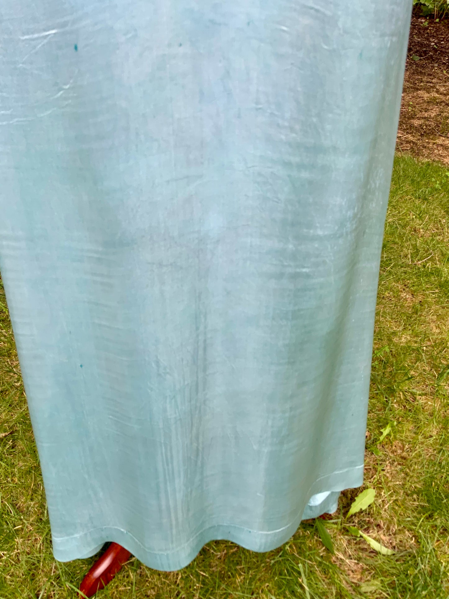 1930s Hand-Dyed Aqua Satin Nightgown. Embroidered Bow Lace Gown with Original Tie Belt
.30CU