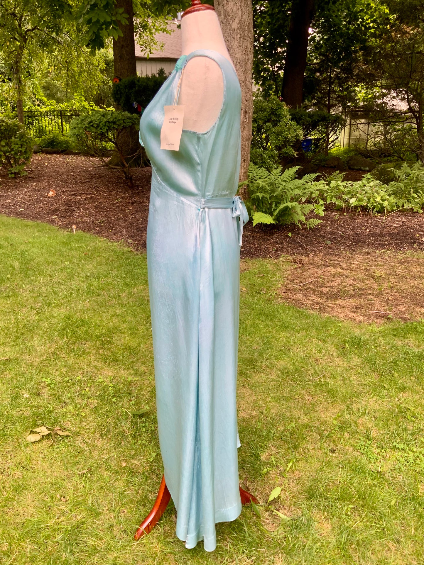 1930s Hand-Dyed Aqua Satin Nightgown. Embroidered Bow Lace Gown with Original Tie Belt
.30CU