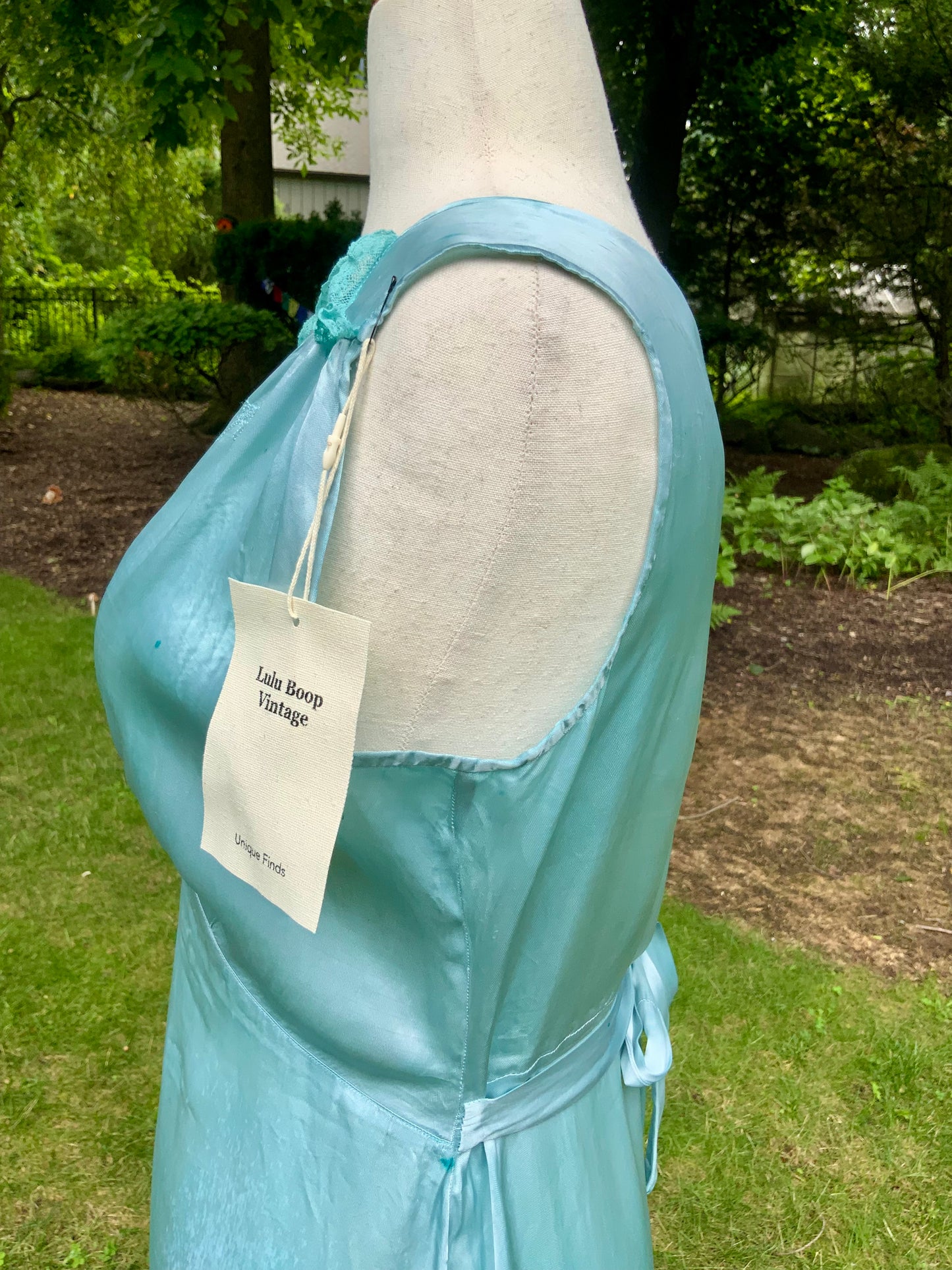 1930s Hand-Dyed Aqua Satin Nightgown. Embroidered Bow Lace Gown with Original Tie Belt
.30CU