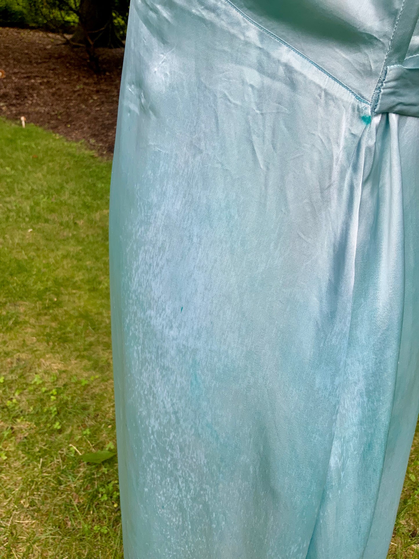 1930s Hand-Dyed Aqua Satin Nightgown. Embroidered Bow Lace Gown with Original Tie Belt
.30CU