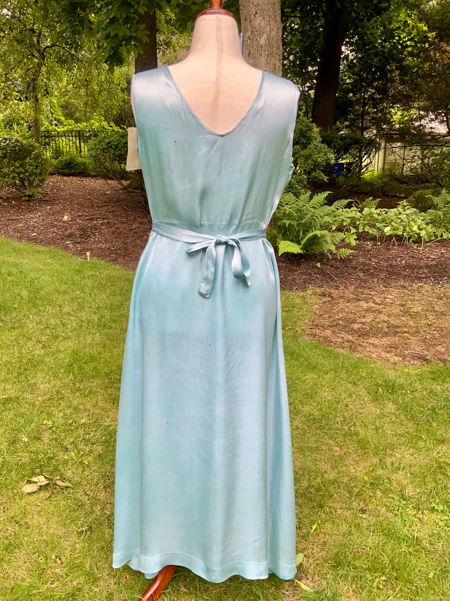 1930s Hand-Dyed Aqua Satin Nightgown. Embroidered Bow Lace Gown with Original Tie Belt
.30CU