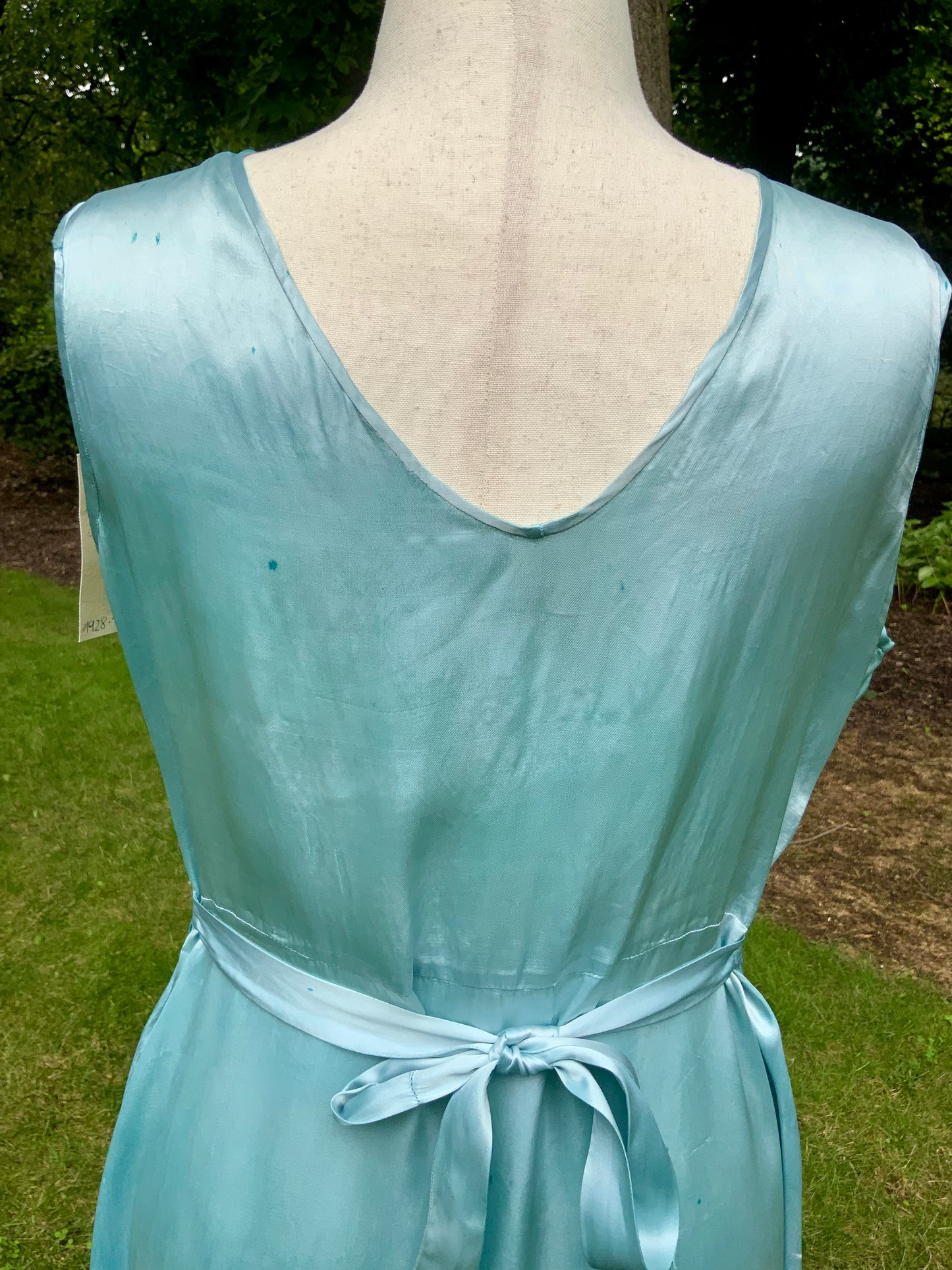 1930s Hand-Dyed Aqua Satin Nightgown. Embroidered Bow Lace Gown with Original Tie Belt
.30CU