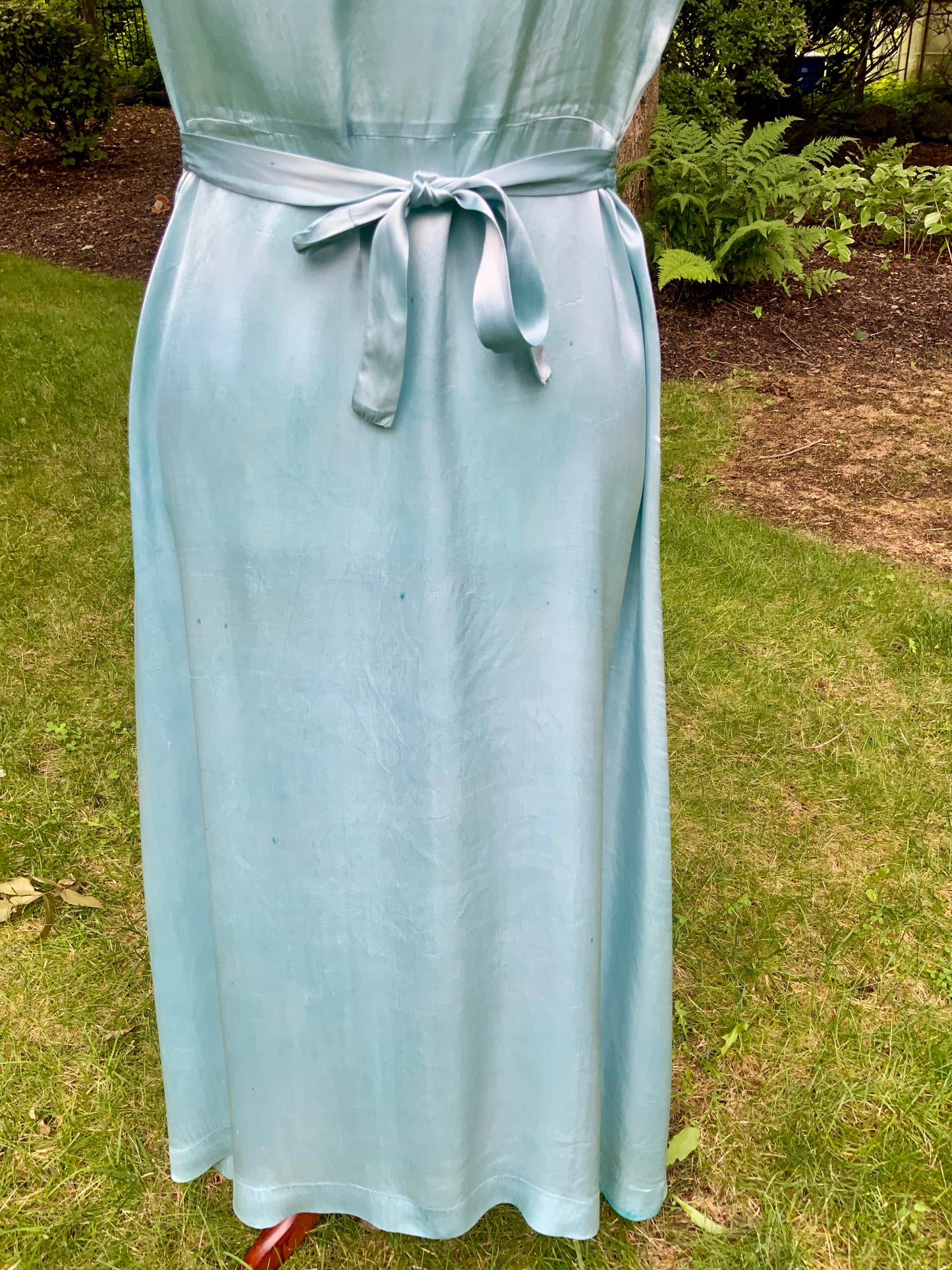 1930s Hand-Dyed Aqua Satin Nightgown. Embroidered Bow Lace Gown with Original Tie Belt
.30CU