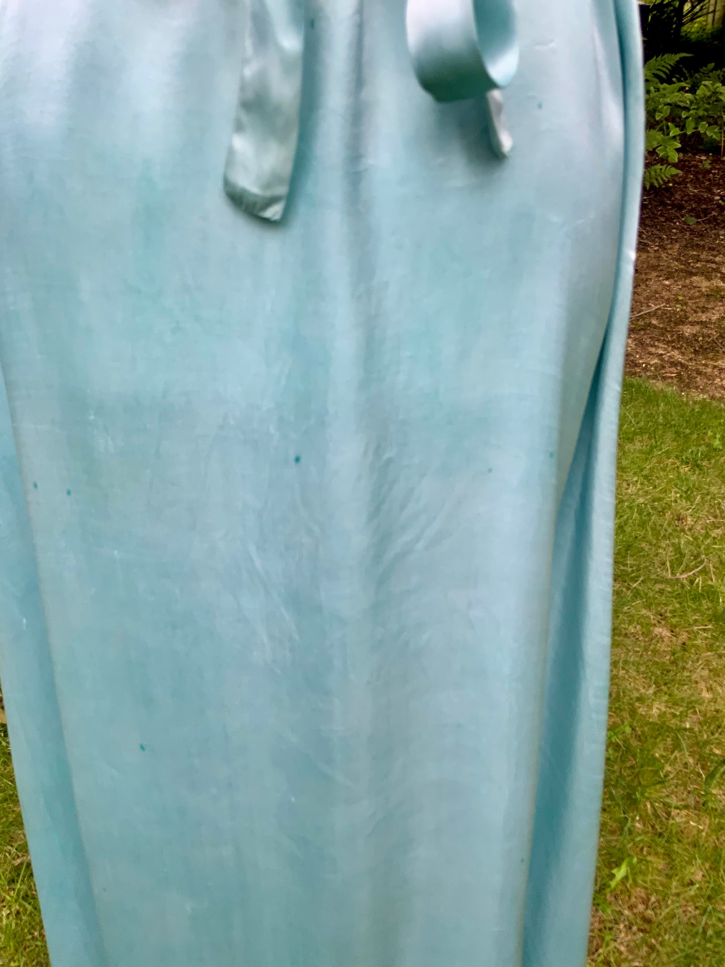 1930s Hand-Dyed Aqua Satin Nightgown. Embroidered Bow Lace Gown with Original Tie Belt
.30CU