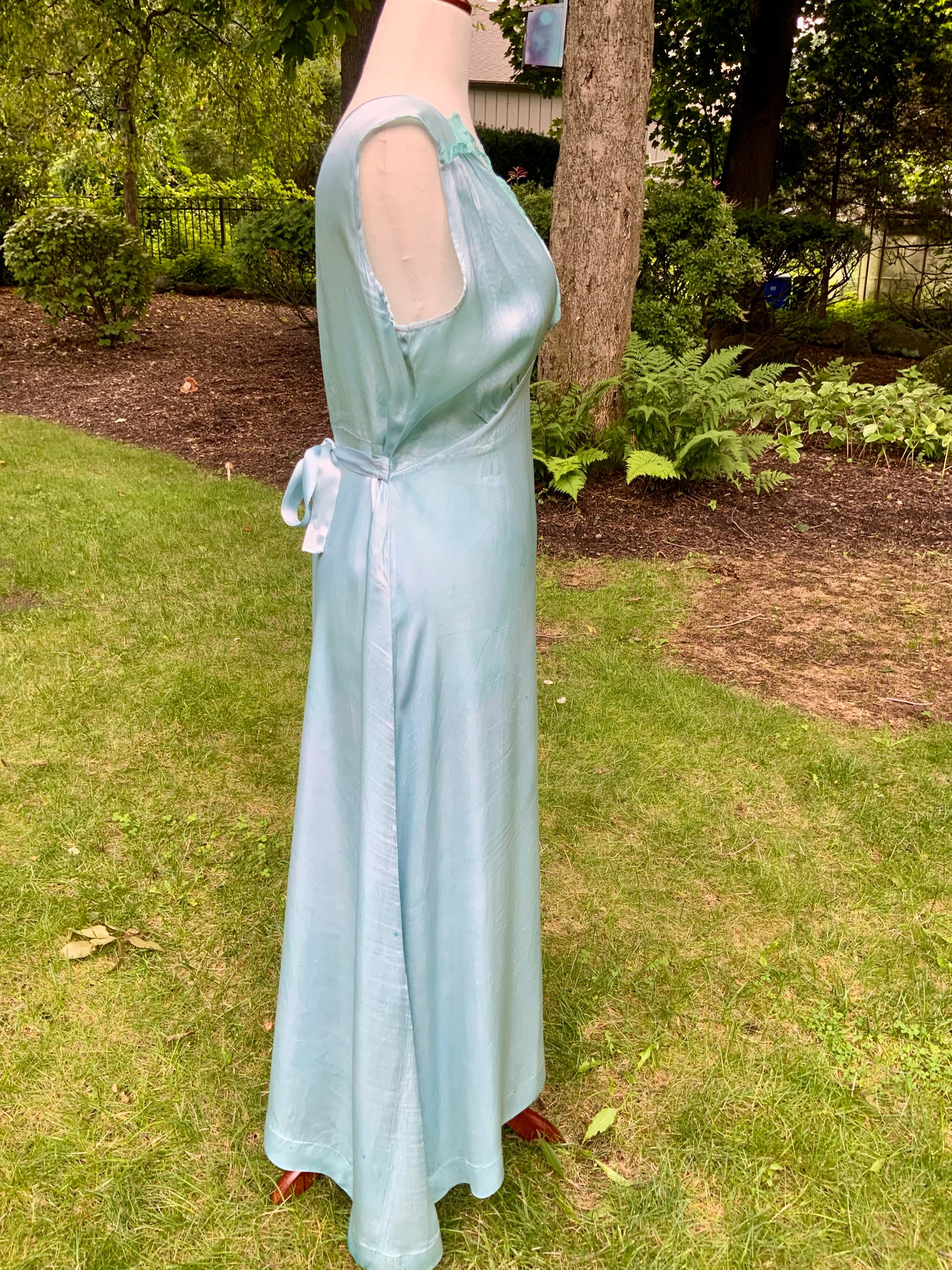 1930s Hand-Dyed Aqua Satin Nightgown. Embroidered Bow Lace Gown with Original Tie Belt
.30CU
