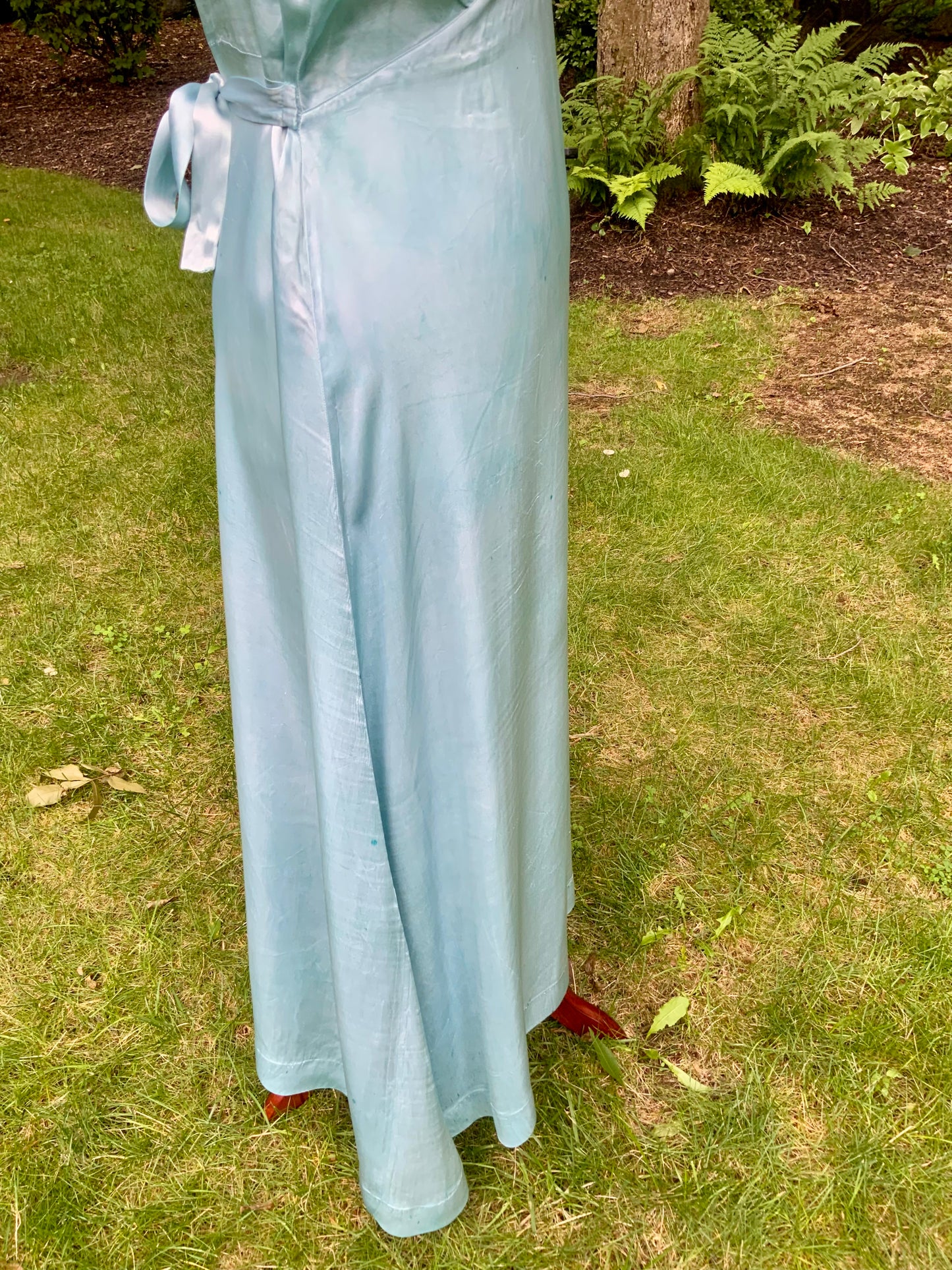 1930s Hand-Dyed Aqua Satin Nightgown. Embroidered Bow Lace Gown with Original Tie Belt
.30CU