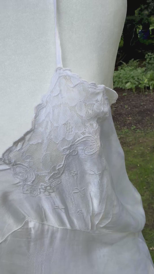 1930s White Pure Rayon Bias Cut Slip Dress with Lace Bodice.30CH