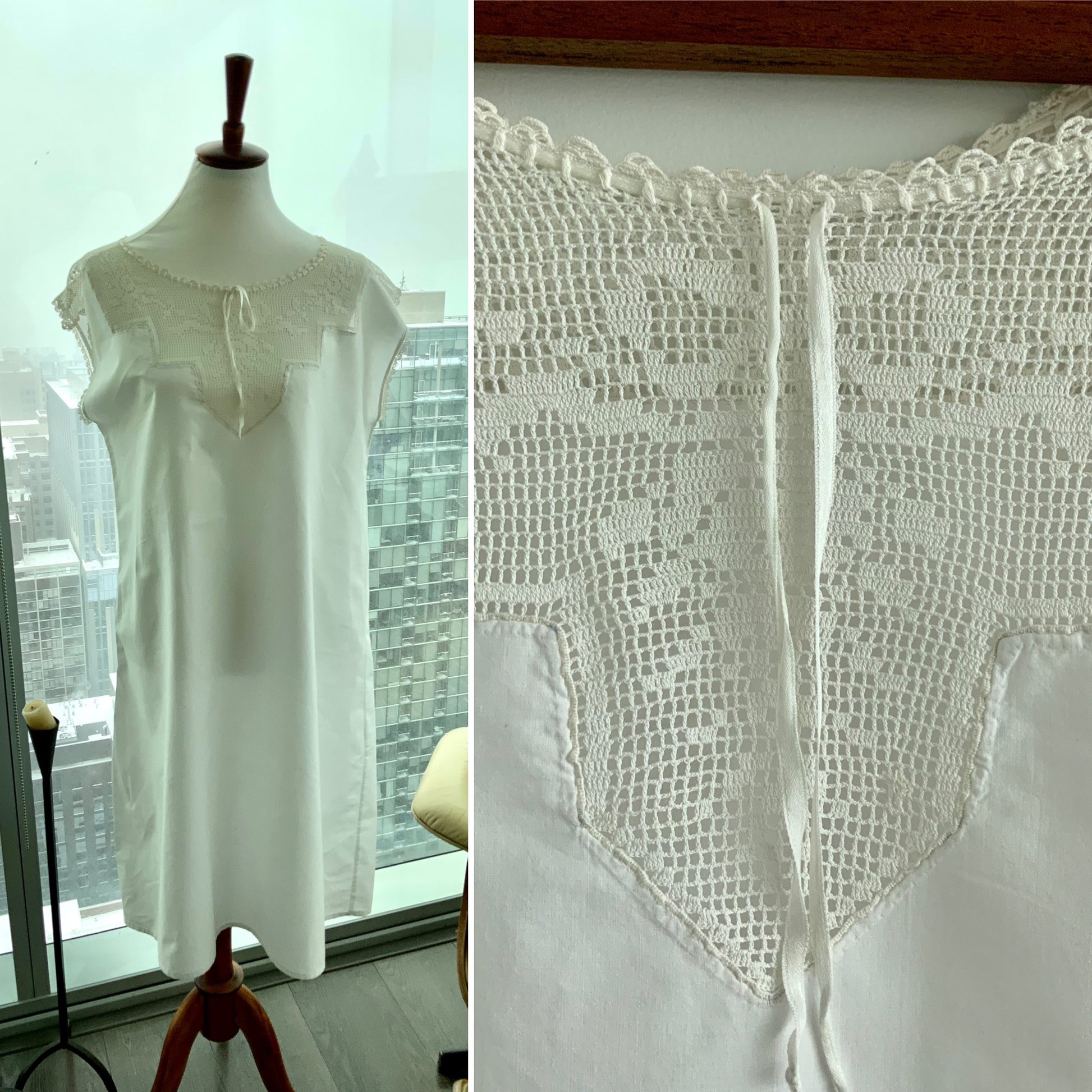 Edwardian Nightgown w/ Filet Crochet Yoke - 40s - LuluBoopVintage